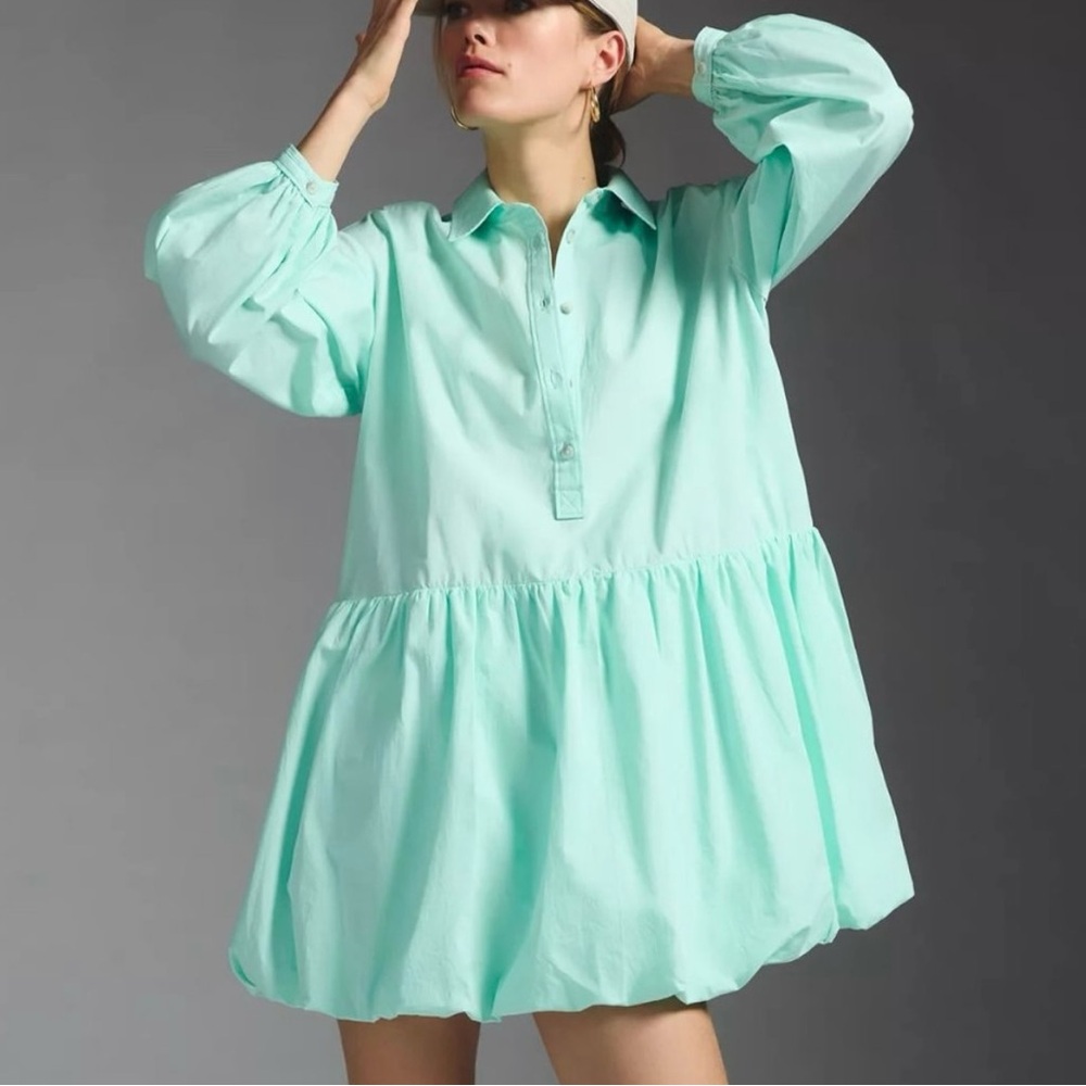 Anthropologie Mint Green Maeve Bubble Hem Shirt Dress size Large
